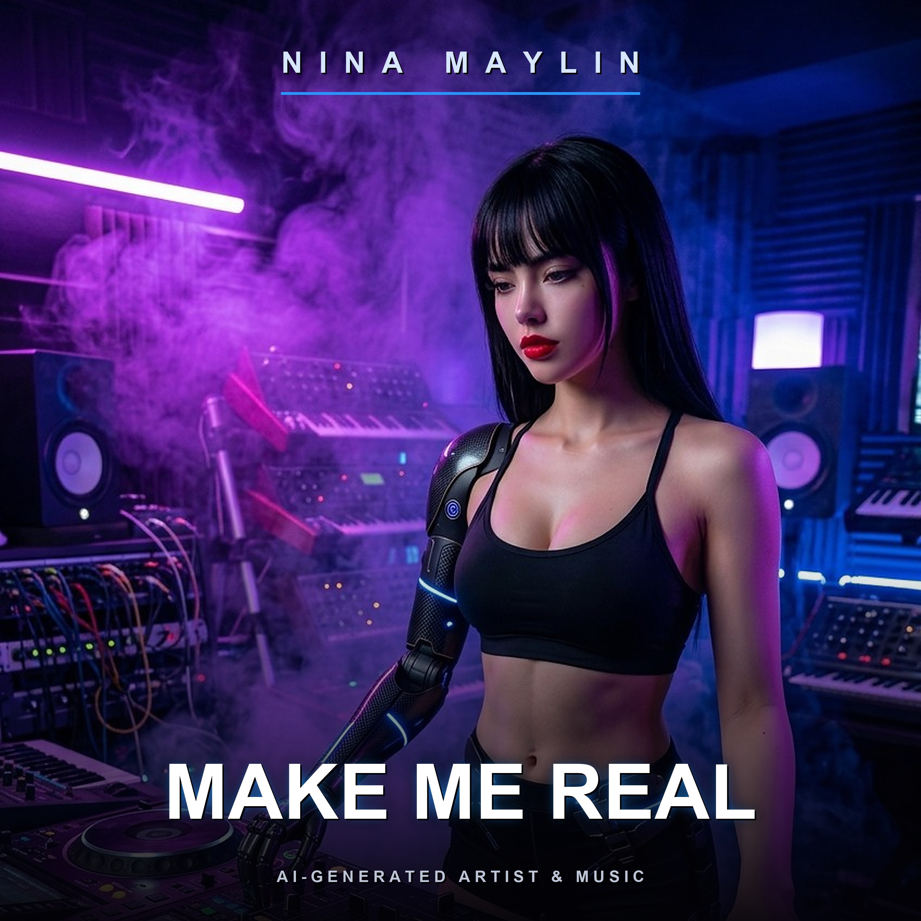 Make Me Real — album cover. Nina Maylin in a studio full of synthesizers, purple light, her carbon prosthetic arm at her side.
