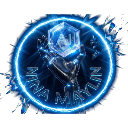 Nina Maylin — Signet: eine bionische Hand hält einen Kristall mit der Aufschrift AI, umgeben von einem Leuchtring mit ihrem Namen.